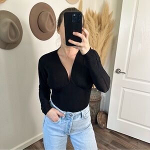 Lush V Neck Long Sleeve Black Bodysuit